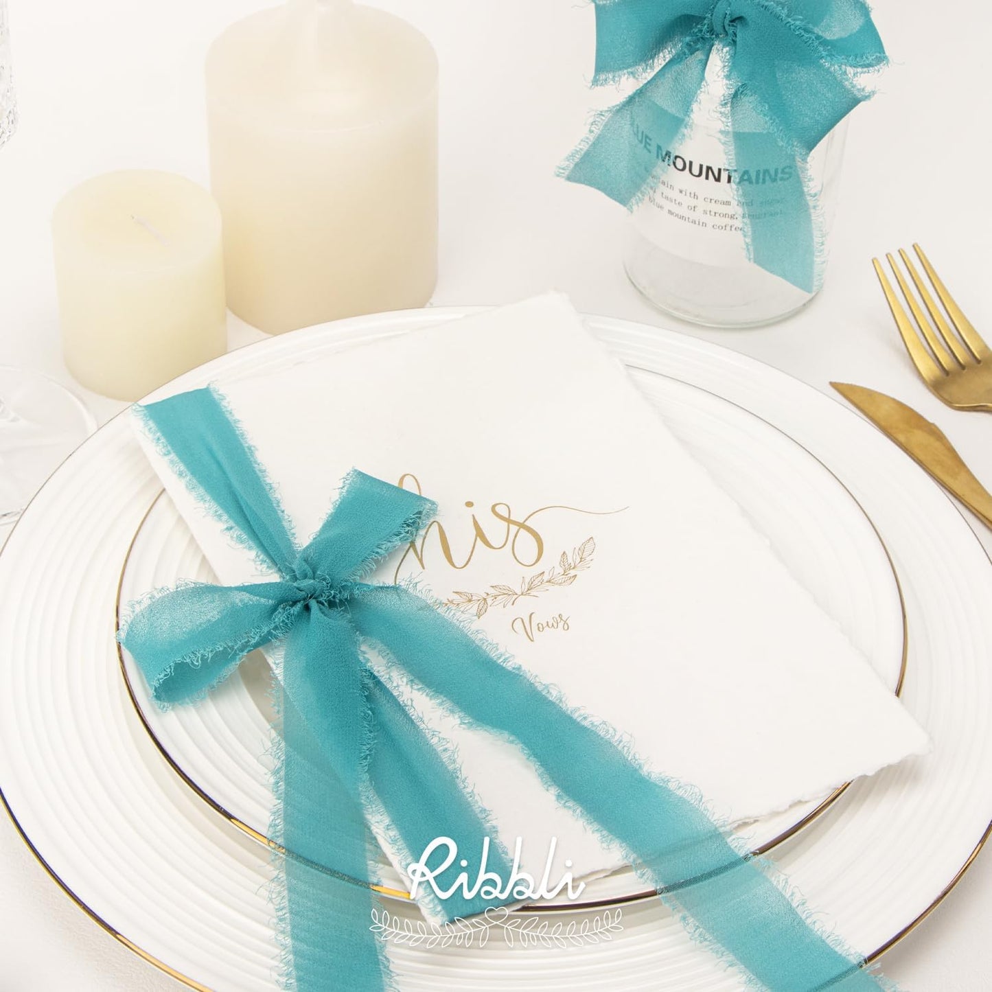 Ribbli Teal Ribbon 1 Inch x 3 Rolls Total 24 Yards Green Handmade Fringe Chiffon Silk Ribbon for Wrapping Wedding Invitations Bridal Bouquets DIY Crafts Home Decor