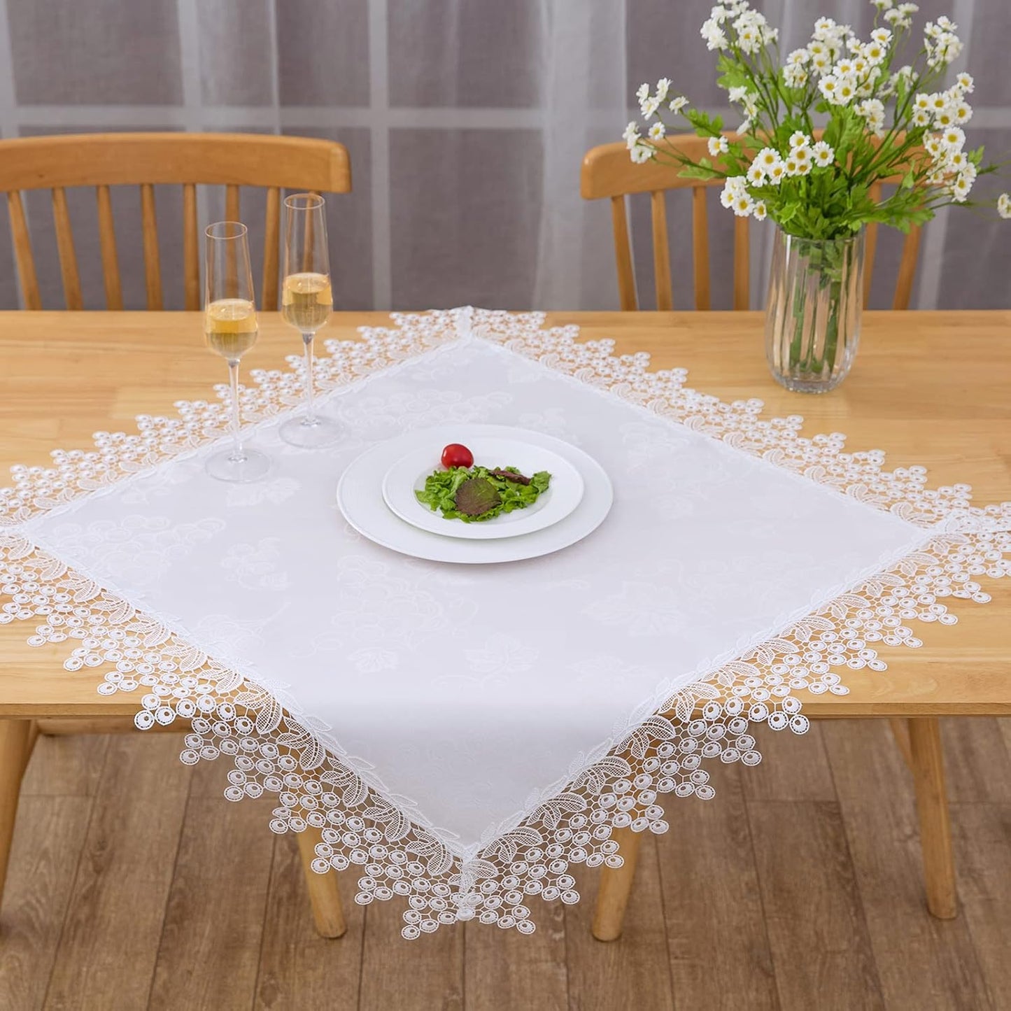 White lace Premium Square Farmhouse Tablecloth Waterproof OilProof SpillProof AntiShrink Soft Wrinkle Resistant Decorative Fabric Table Cover Kitchen Dinning Party Wedding Banquet