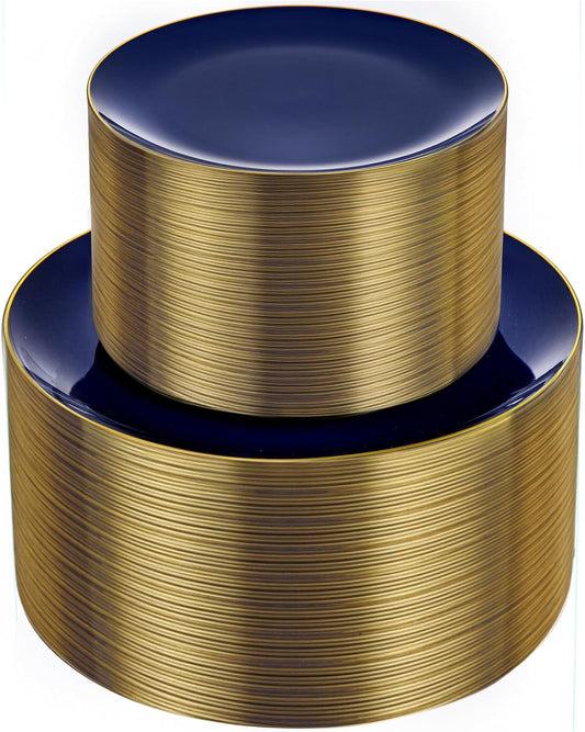 bUCLA 100PCS Blue Plastic Plates - Navy Blue Disposable with Gold Rim, Include 50 Each (10 inch Dinner & 7 inch Dessert) Plates, Ideal for Party