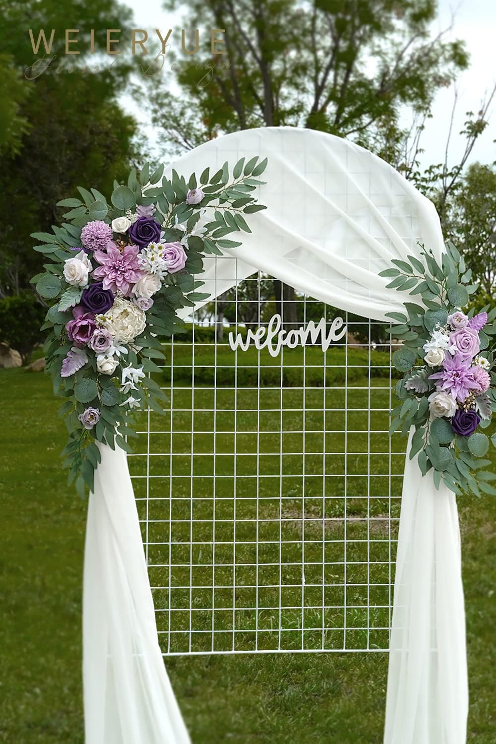 Artificial Wedding Arch Flowers Kit(Pack of 3),2Pcs Artificial Flower Arch Decor,1Pcs Sheer Drape for Wedding Ceremony Arbor for WeddingCeremony (Lavender & Cream)