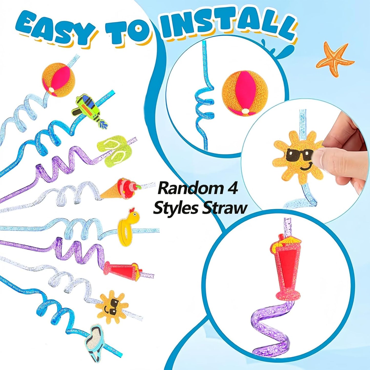 24 Beach Drinking Straws Beach Ball Pool Summer Birthday Party Supplies Decorations Glitter Pool Party Straws With 2 PCS Cleaning Brushes