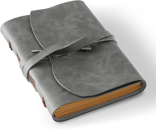 Leather Journal Notepad, Small Notebook 4.8x6.5 Inches, Mini Journal, Retro Premium Planner, Lined Diary Vintage Style, Ideal for Women and Men, Artists, Travelers, Grey