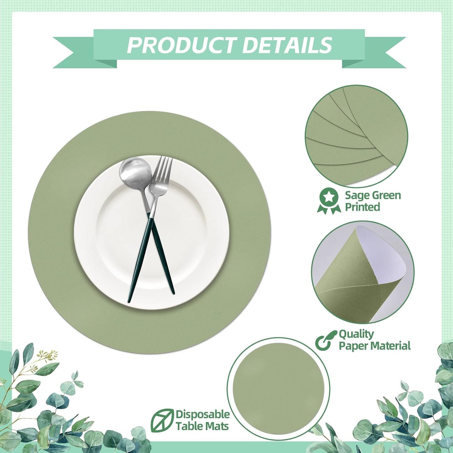 50 Pieces Sage Green Paper Place Mats Sage Round Disposable Table Mats Green Paper Doilies Decorative Placemats for Wedding Banquet Party Home Dining Tableware Decor