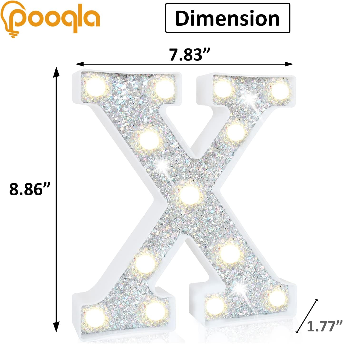 Pooqla Light Up Letters, LED Marquee Letters for Silver Birthday Decorations, Battery Powered Night Light Teenager Girl Room Decor, Gift for Girls Boys Wedding Bedroom Christmas Party Decor, Letter X