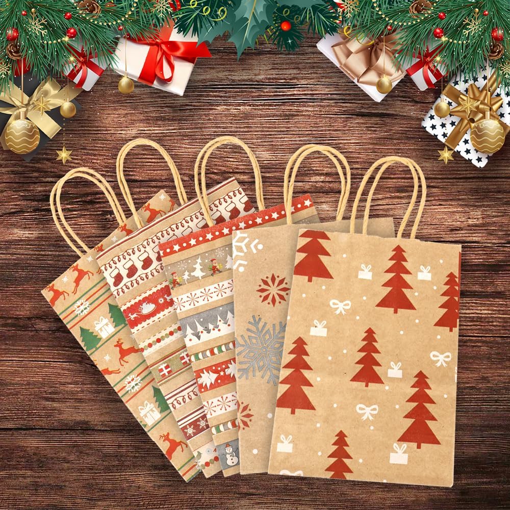 STPIYFZU Christmas Gift Bags, 25 Pack Small Christmas Gift Bags with Handles, Xmas Kraft Paper Bag Bulk with Tissue Paper, Xmas Holiday Present Bag (8.2" x 6" x 3.1")