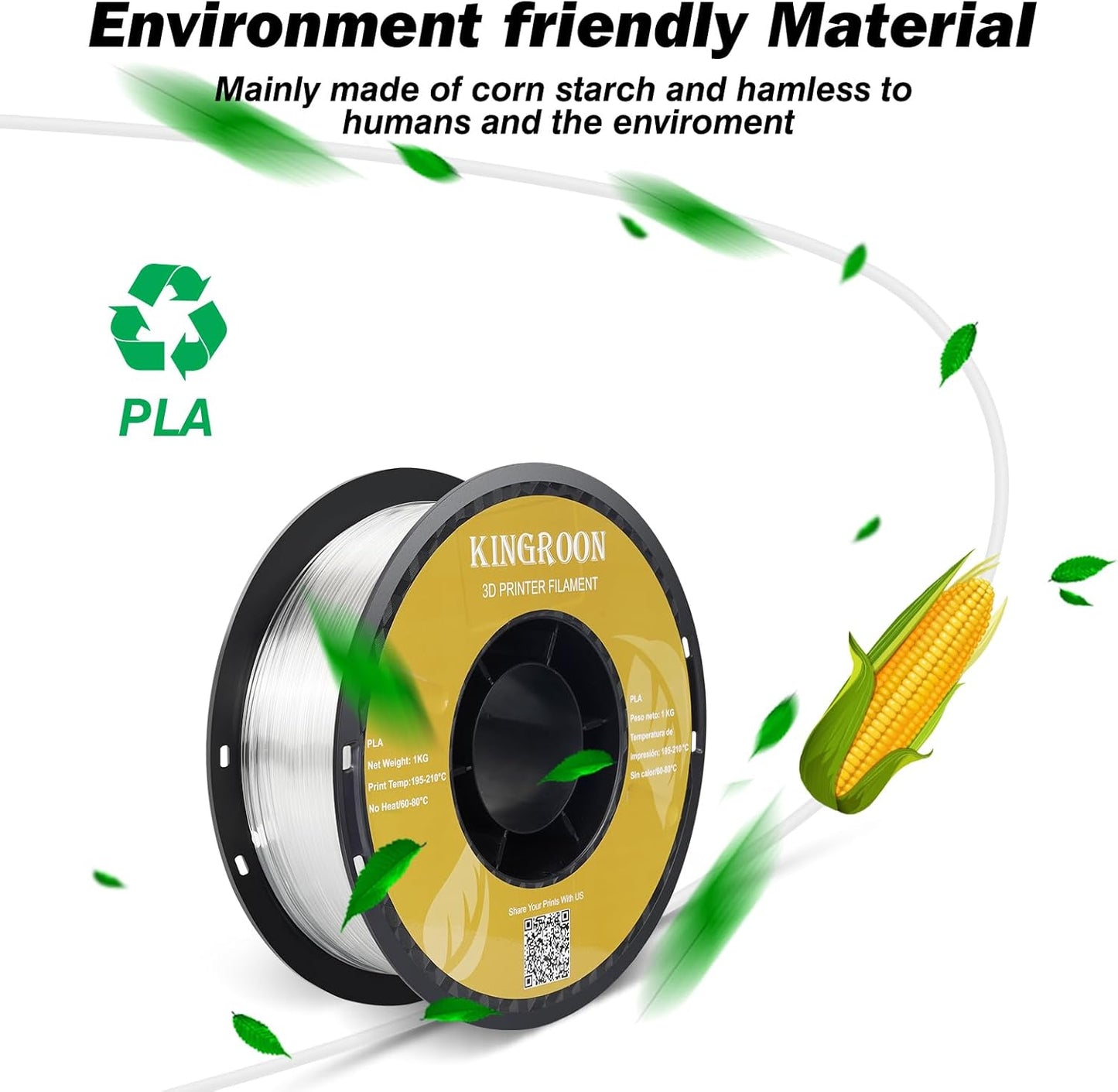 Kingroon PLA Filament 1.75mm 3D Printer Filament Transparent Pla Filament 1kg Filament Dimensional Accuracy +/- 0.02mm, Fit Most FDM Printer, Transparent