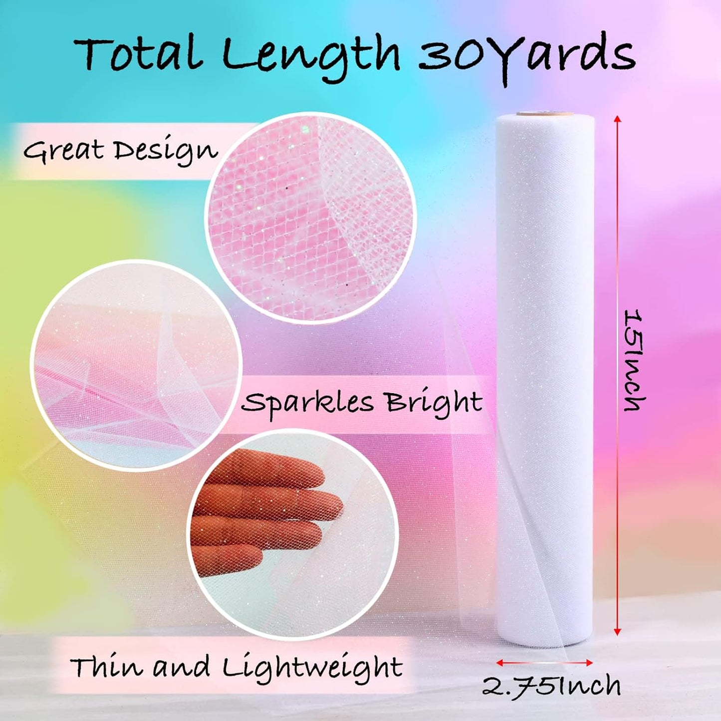 Sparkling Tulle Rolls, 15” by 30 Yards (90FT) Glitter Tulle Spool Ribbon Fabric for Wedding Birthday Bridal Shower Tutu Skirt Party Gift Wrapping (White)