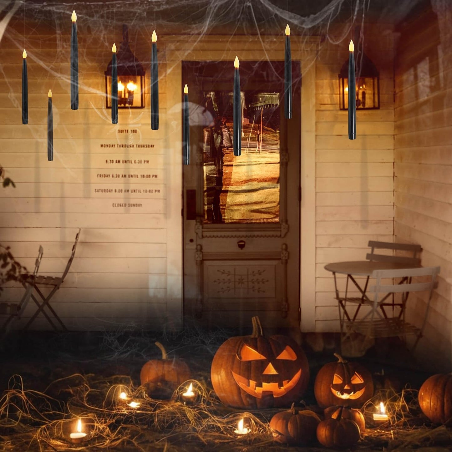 Leejec 10 Pcs of 10.8" Floating Candles, Magic Wand Remote with 6/18H Timer, Halloween Decorations, Hanging Flameless Taper Candles, Flickering Warm White LED, Home Decor, Witch Wizard Gift (Black)