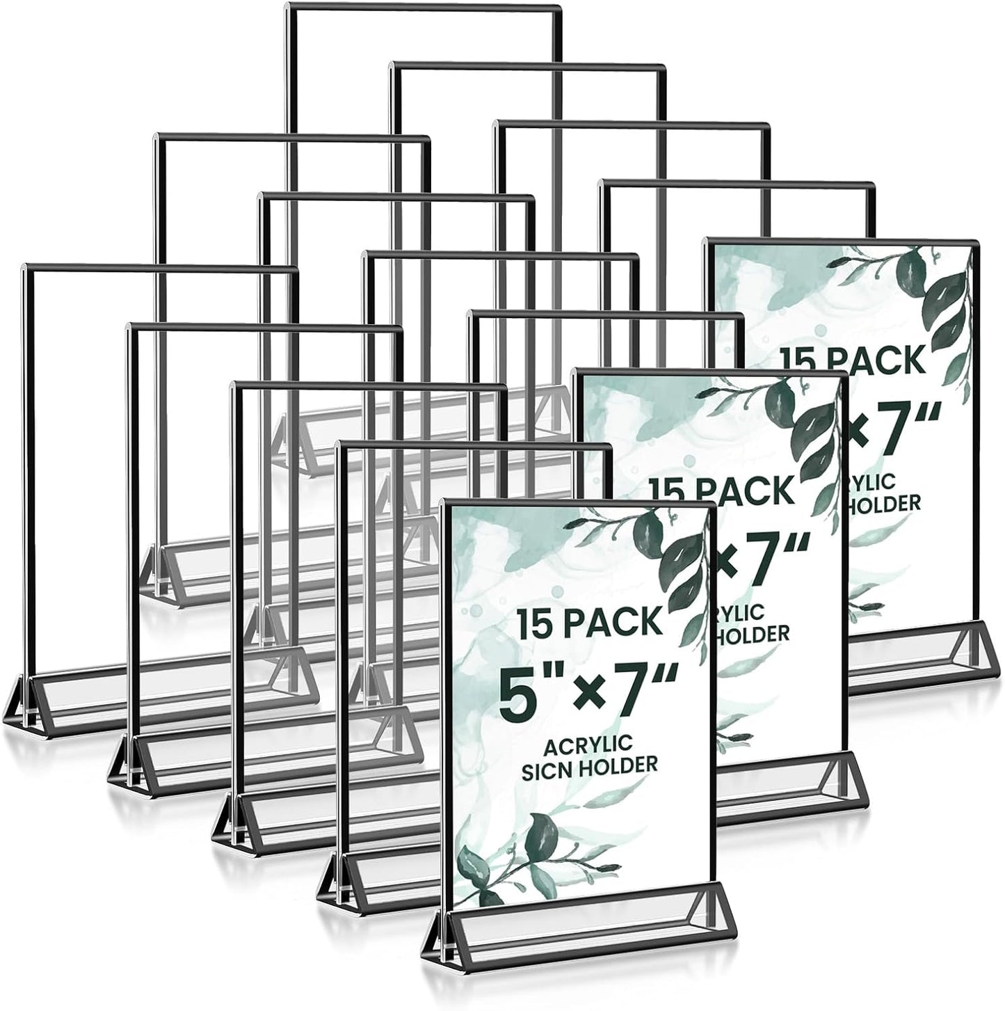 15 Pack Acrylic Sign Holder 5x7, Wedding Black Frame Table Number Holders Vertical, Clear Picture Frames Flyer Stands Tables Menu Holder, Double Photo Paper Display Holder for Party, Home, Office