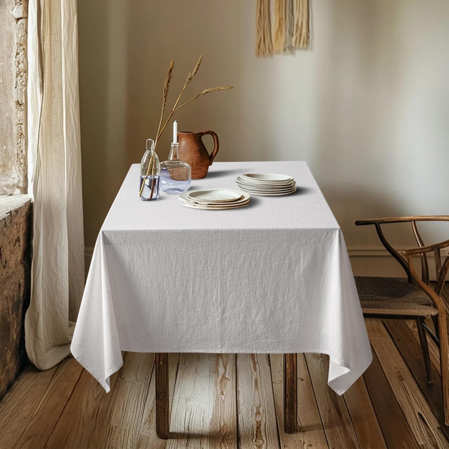 MIULEE White Linen Cotton Blend Tablecloth Rectangle, Luxury Waterproof Stain Resistant Durable Farmhouse Oblong Table Cloth for Dining Party Christmas Weddings Birthday Picnic Events, 52 x 84 inch