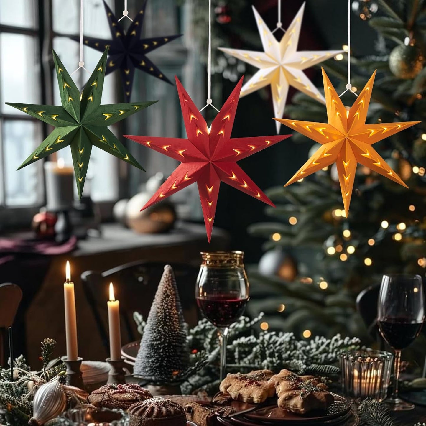 EASY JOY 5-Piece 7-Pointed Paper Star Decoration With Light - 12 Inch 3D Paper Star Lantern for Christmas, Home, Party, Wedding, Birthday