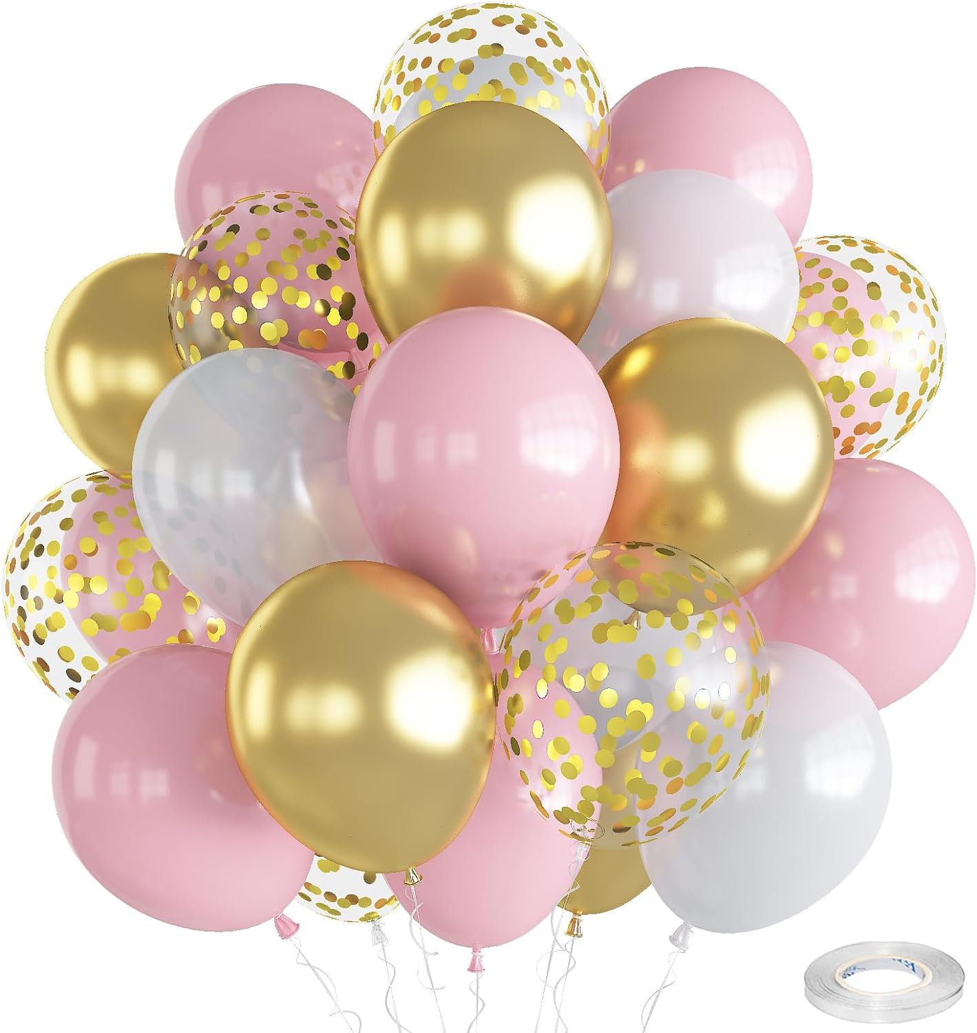 Balloons Pink White Gold, 12 Inch Pastel Pink Pearl White Metallic Chrome Gold Confetti Latex Balloons, Baby Pink Gold Party Balloons Set for Girls Baby Shower Birthday Princess Party Decorations