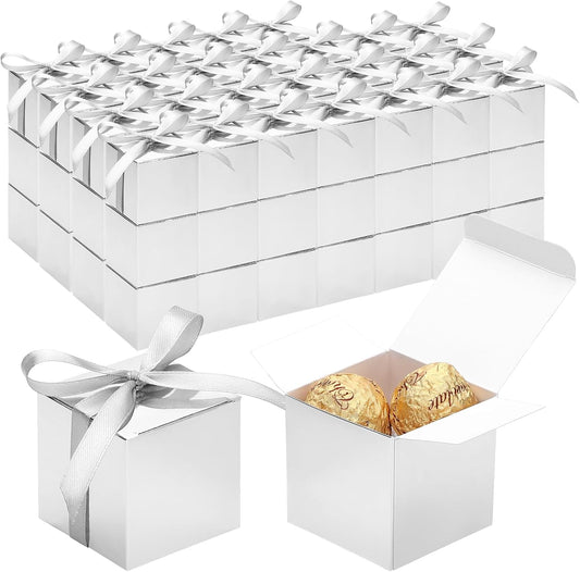 EUSOAR Small Gift Boxes with Lids, 120pcs 2x2x2 Inches Silver Party Favor Box Advent Calendar Boxes with Ribbon, Cube Candy Box Mini Muffins Bags Macaron Container for Wedding Birthday Party Supplies
