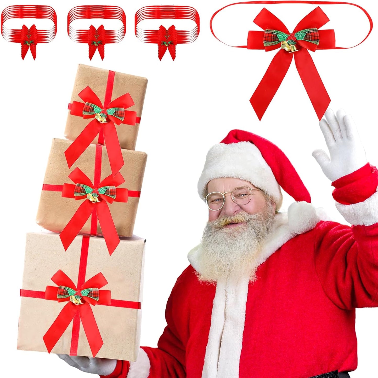 Christmas Bows for Gift Wrapping, 24 Elastic Red Stretch Loops with Bows,3 Sizes Red Bows Ribbon Crafts Perfect Boxes, Party Favors and Weddings