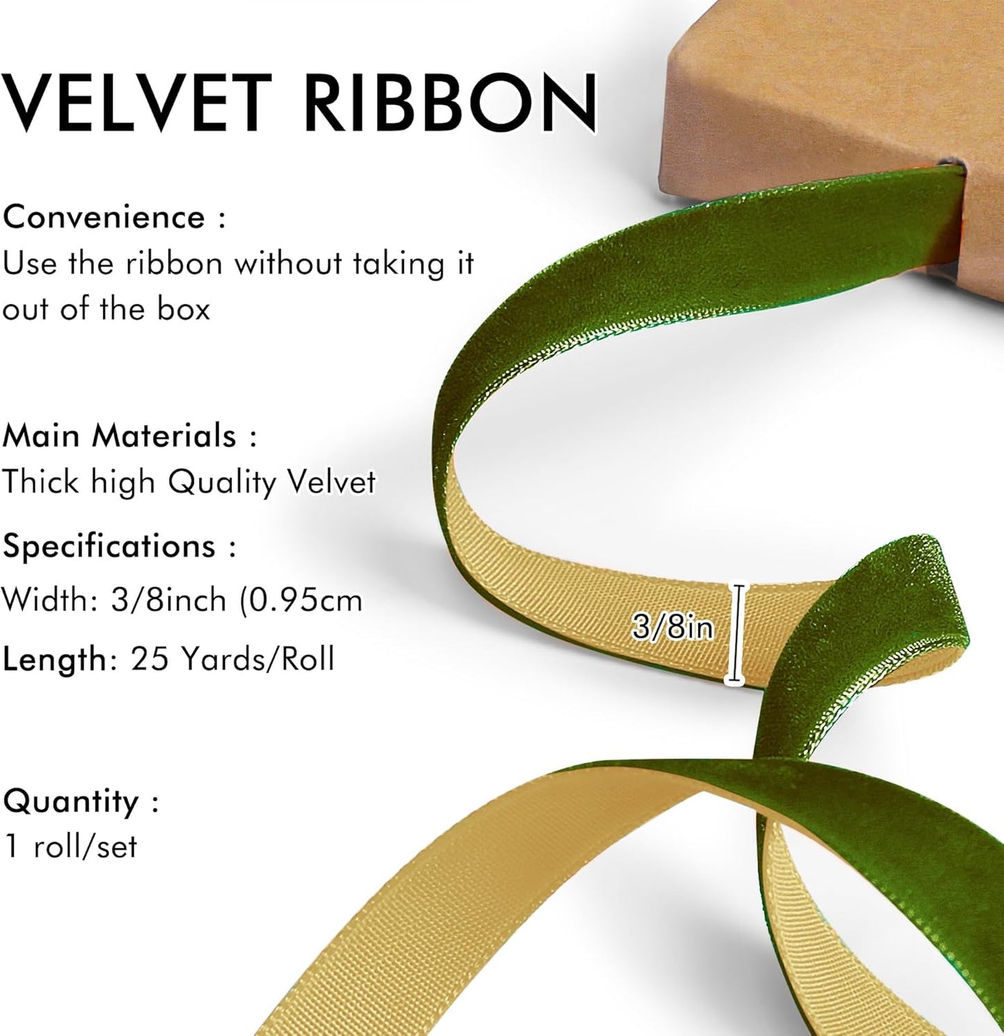 Olive Green Velvet Ribbon 3/8'' 25 Yards for Christmas Tree, Gift Wrapping, Flower Bouquet, Wreath Decorations, Bow Making