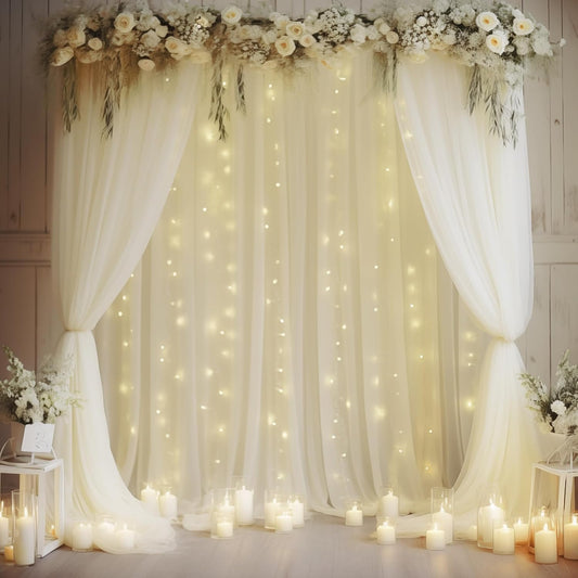 20×10ft Cream White Tulle Backdrop Curtain with Lights String for Parites, Sheer Curtain Backdrop Drapes for Wedding Party Home Decorations