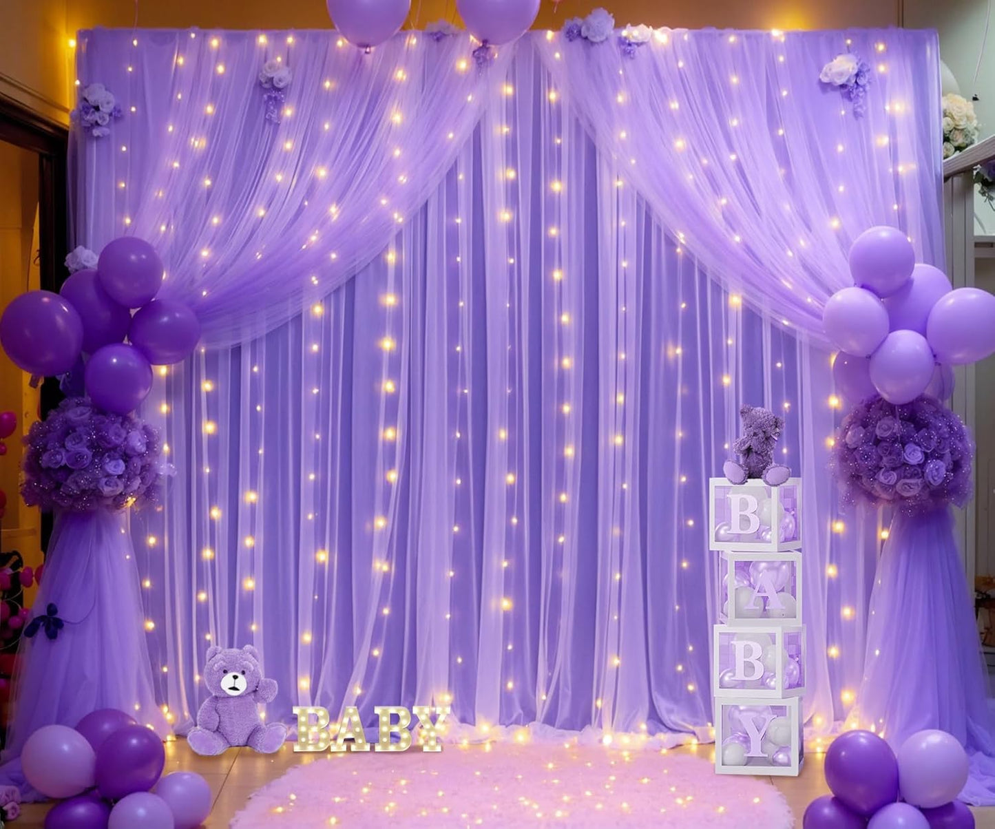 Purple Sheer Backdrop Curtains with Lights String for Baby Shower Girls 2 Panels 5×8ft Tulle Backdrop Curtain for Wedding Bridal Shower Elephant Birthday Party Photo Shoot Background Decorations