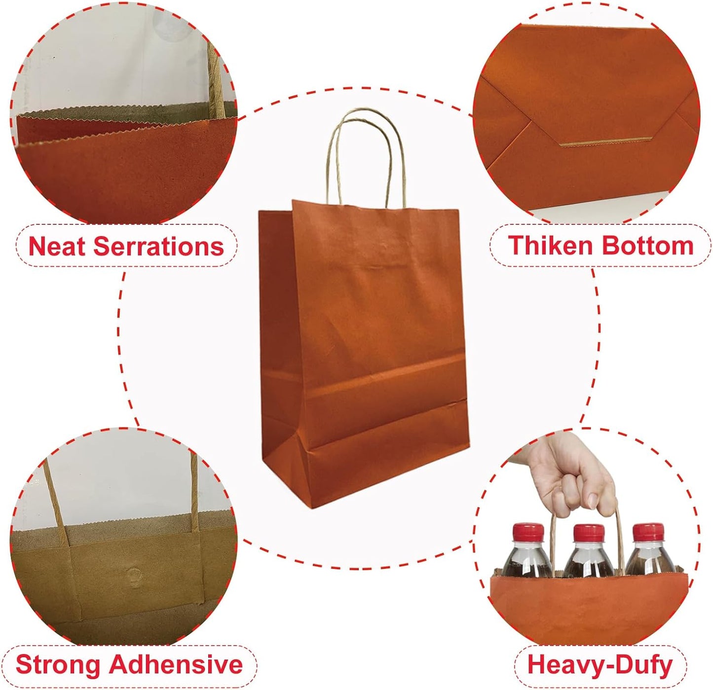 BAG BOX 100 Pack 8.25x4.3x10.6 Inch Orange Gift Bags with Handles,Bulk Kraft Paper Bags for Shopping, Retail, Merchandise, Wedding, Party Favors, Paper Grocery Sacks