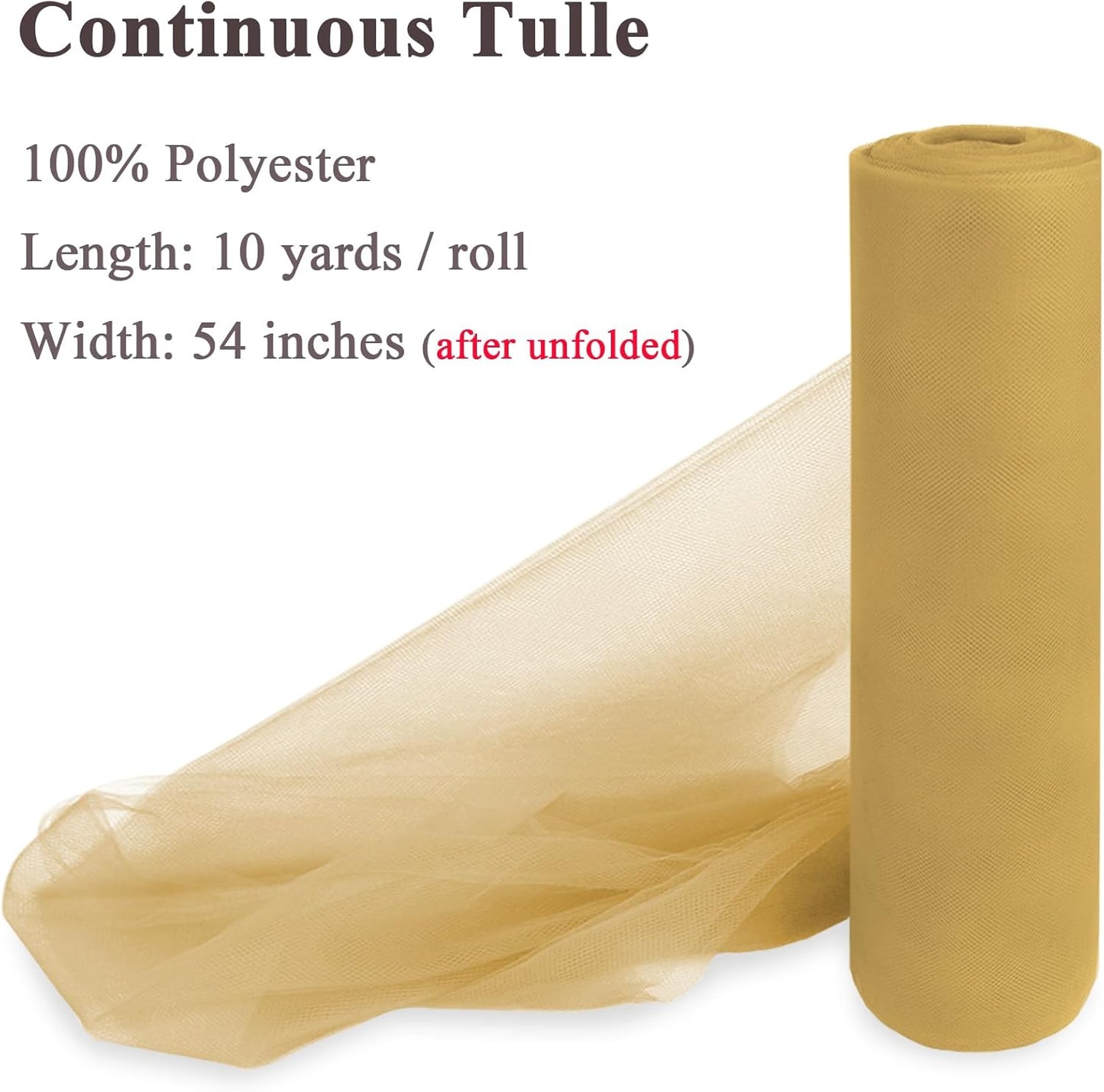 Dull Gold Yellow Tulle Fabric Rolls 54 Inch x 10 Yards Large Mesh Tull Bolt for Wedding, Garden Netting, Tutu Skirt, Party Decoration and Craft Supplies