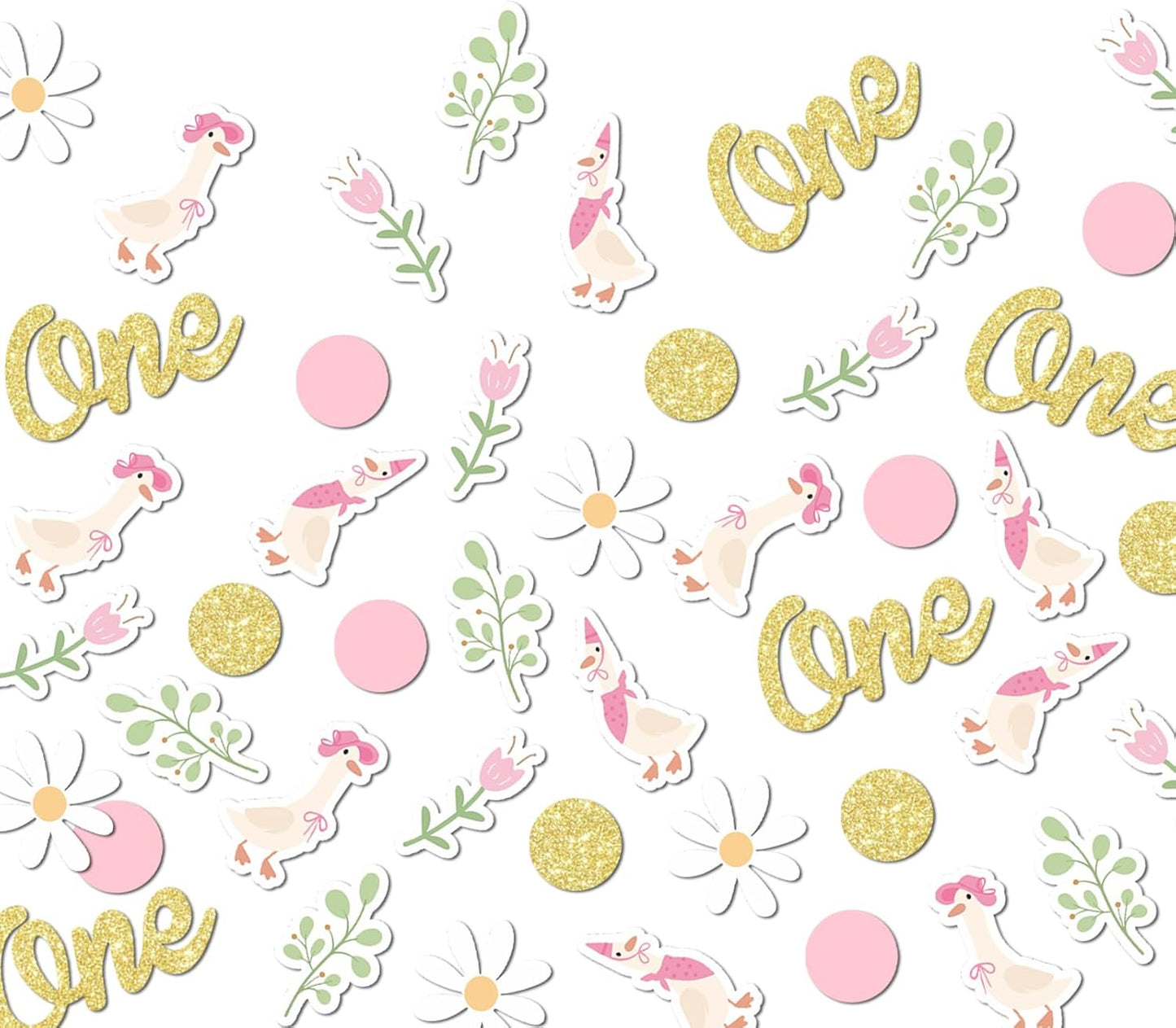 220PCS One Silly Goose Birthday Decor for Girl, Goose Dot Leaves Flower 1st Birthday Confetti for Pink and Gold First Bday Decorations.