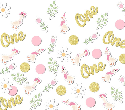 220PCS One Silly Goose Birthday Decor for Girl, Goose Dot Leaves Flower 1st Birthday Confetti for Pink and Gold First Bday Decorations.