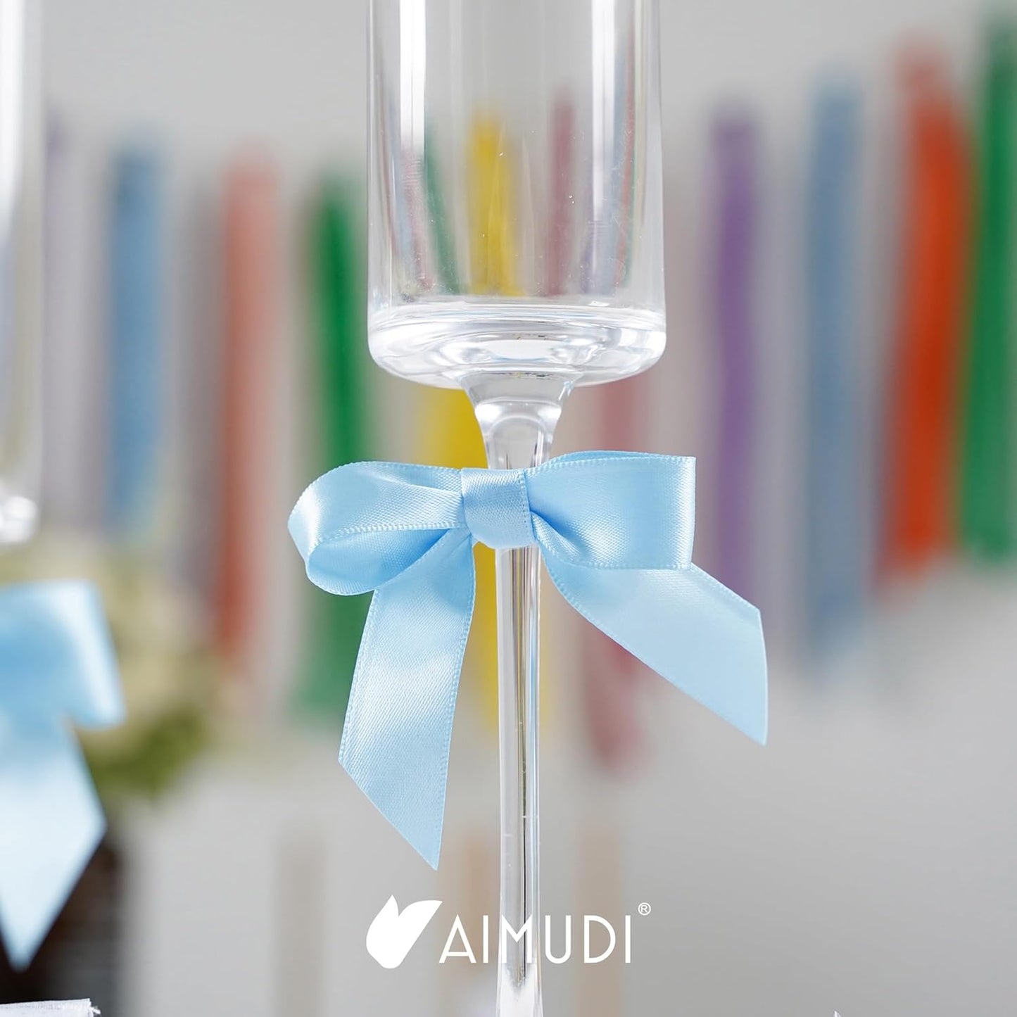 AIMUDI Light Blue Satin Ribbon Twist Tie Bows 2.5" Pretied Blue Bows for Baby Shower Premade Baby Blue Bows for Crafts Treat Bags Cake Pop Gift Wrapping Wedding Party Favors Goodie Bags - 50 Counts