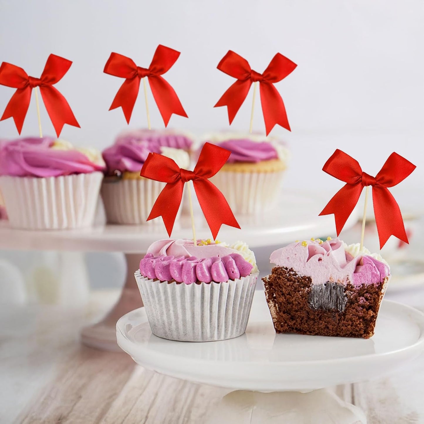 Ephlyn 24Pcs Red Bow Cupcake Toppers Bow Cake Topper Birthday Decorations Mini Bowknot Cupcake Picks for Coquette Theme Party Decoration Bachelorette Bridal Engagement Wedding Party Red