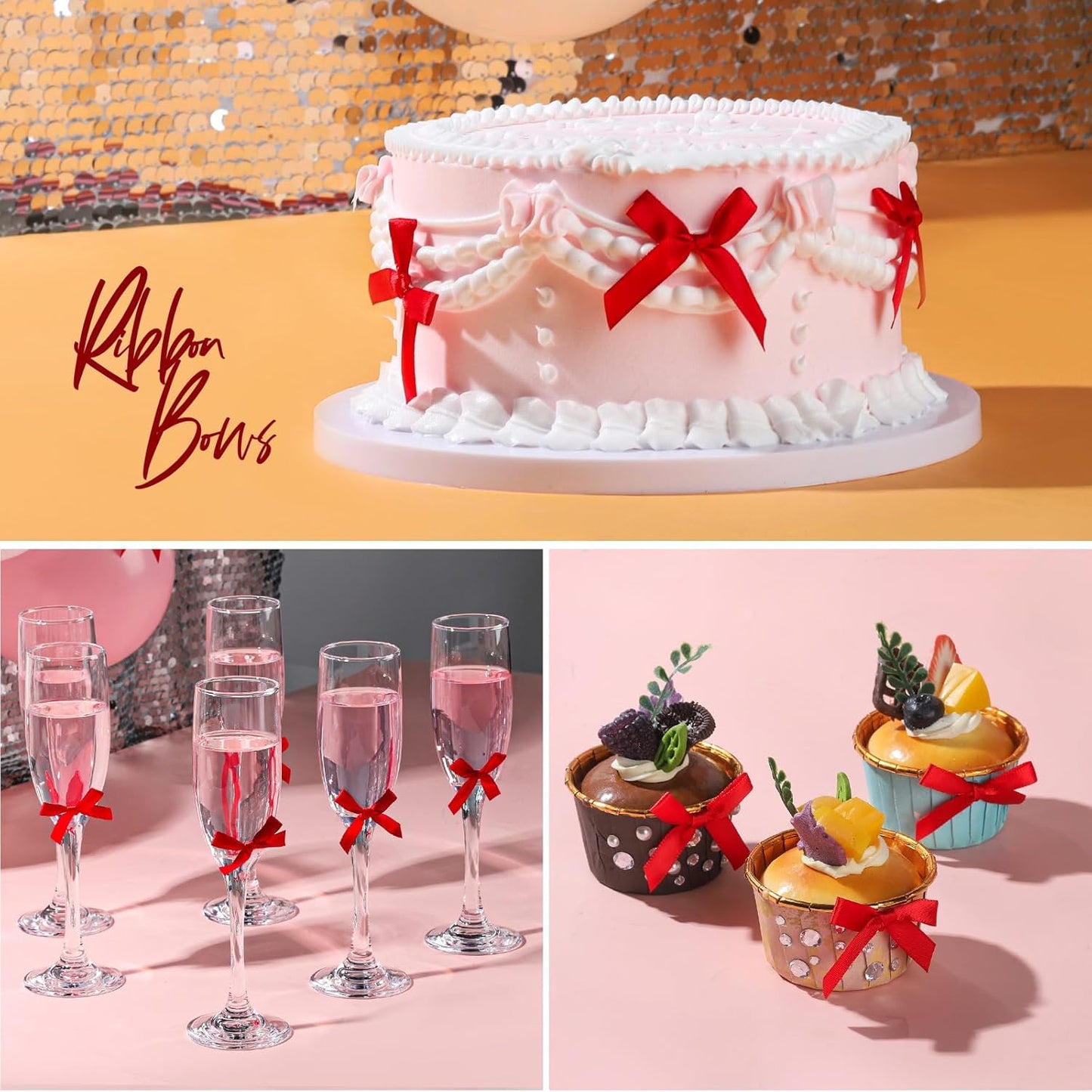 YGDZ 50 PCS Mini Red Bows, Red Satin Ribbon Bows, Small Bows for Crafts, Tiny Bow for Mother Day, Party Decorations, Balloon, Gift Box Packaging