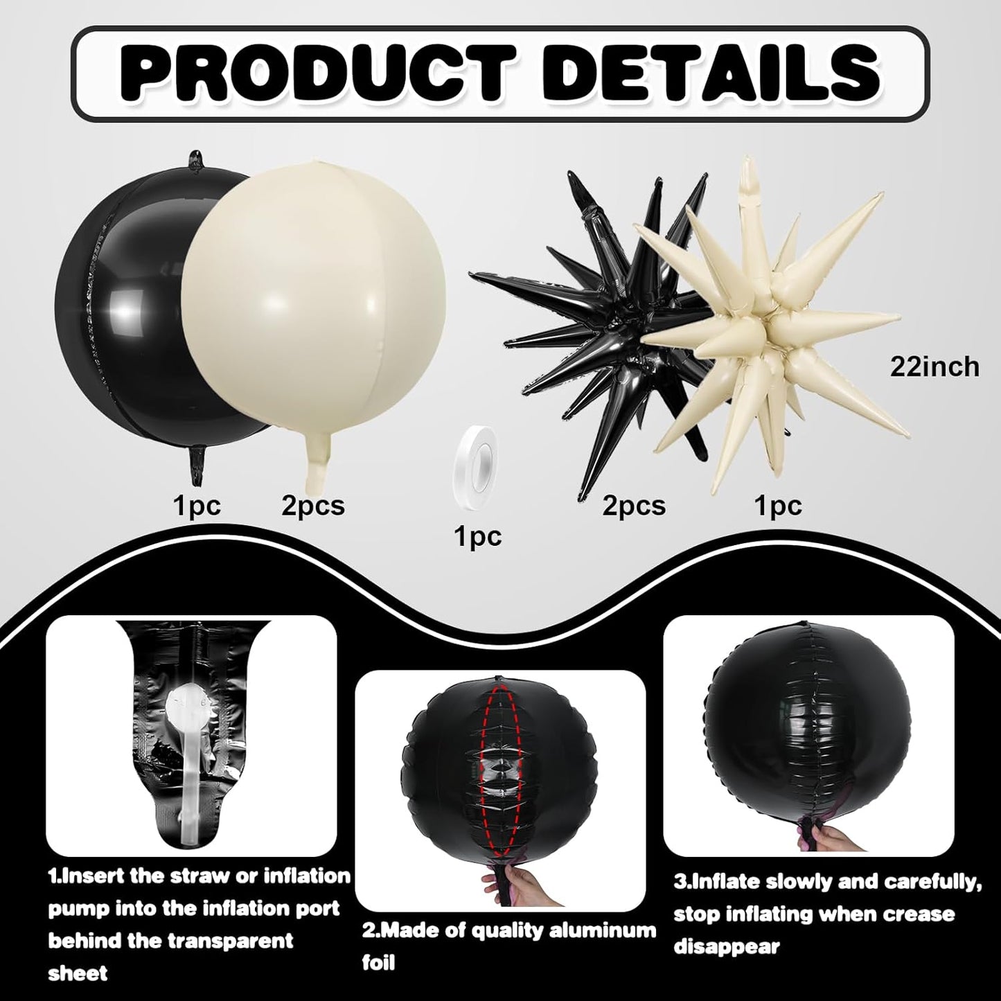 6Pcs Black White Foil Balloons,22Inch Sand White Black 4D Round Ball Balloon and Explosion Star Balloon for Birthday Wedding Baby Shower Anniversary Decorations