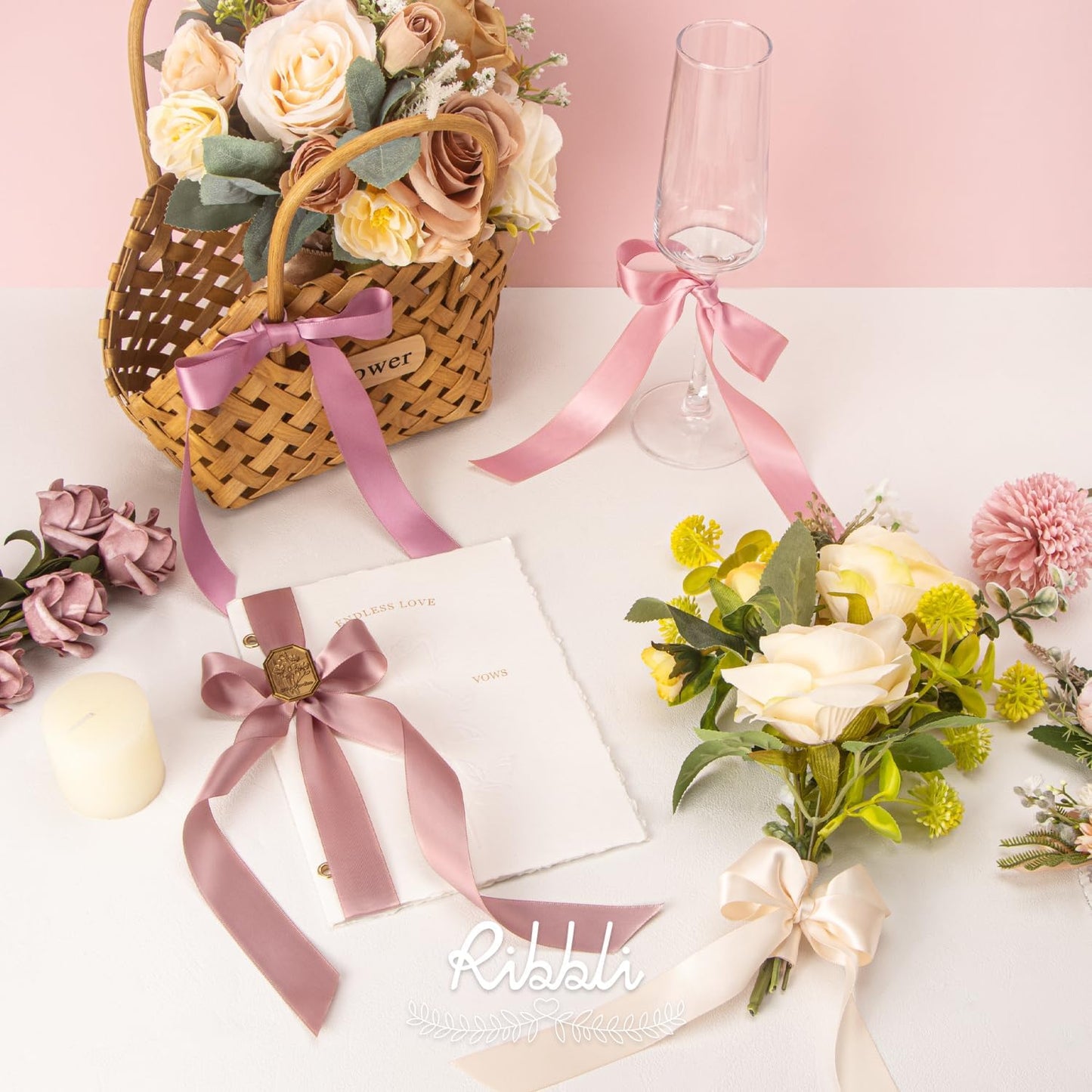 Ribbli Dusty Rose Satin Ribbon 1 Inch x 4 Rolls Total 40 Yards- Pink/Rose Gold/Rosy Mauve/Mauve Ribbon for Gift Wrapping Craft Wedding Decoration