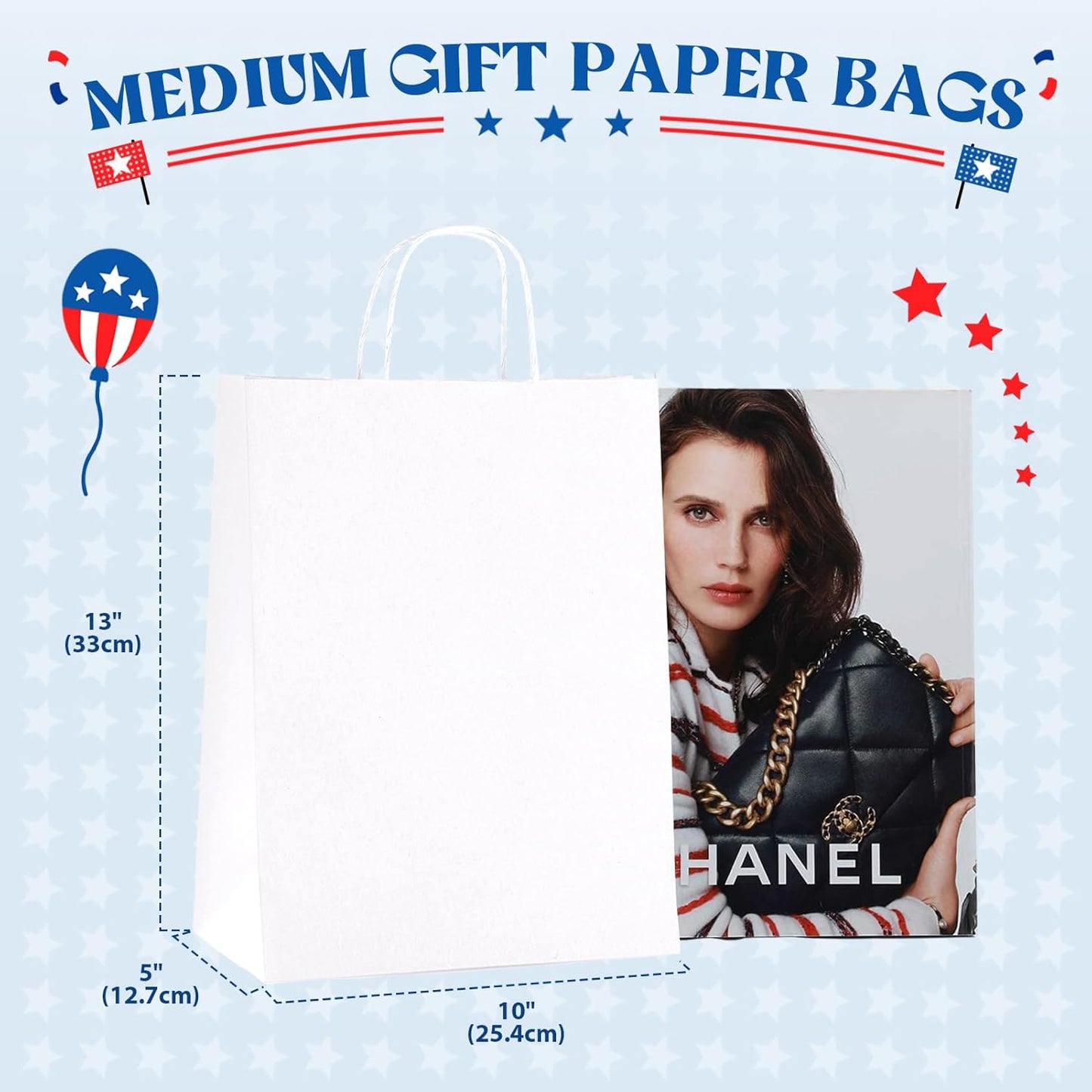 MESHA Gift Paper Bags 300 PACK 10X5X13 White Large Shopping Kraft Bags Bulk with Handles Reusable for Business Grocery Birthday Wedding Kids Party Favors(Made in USA)