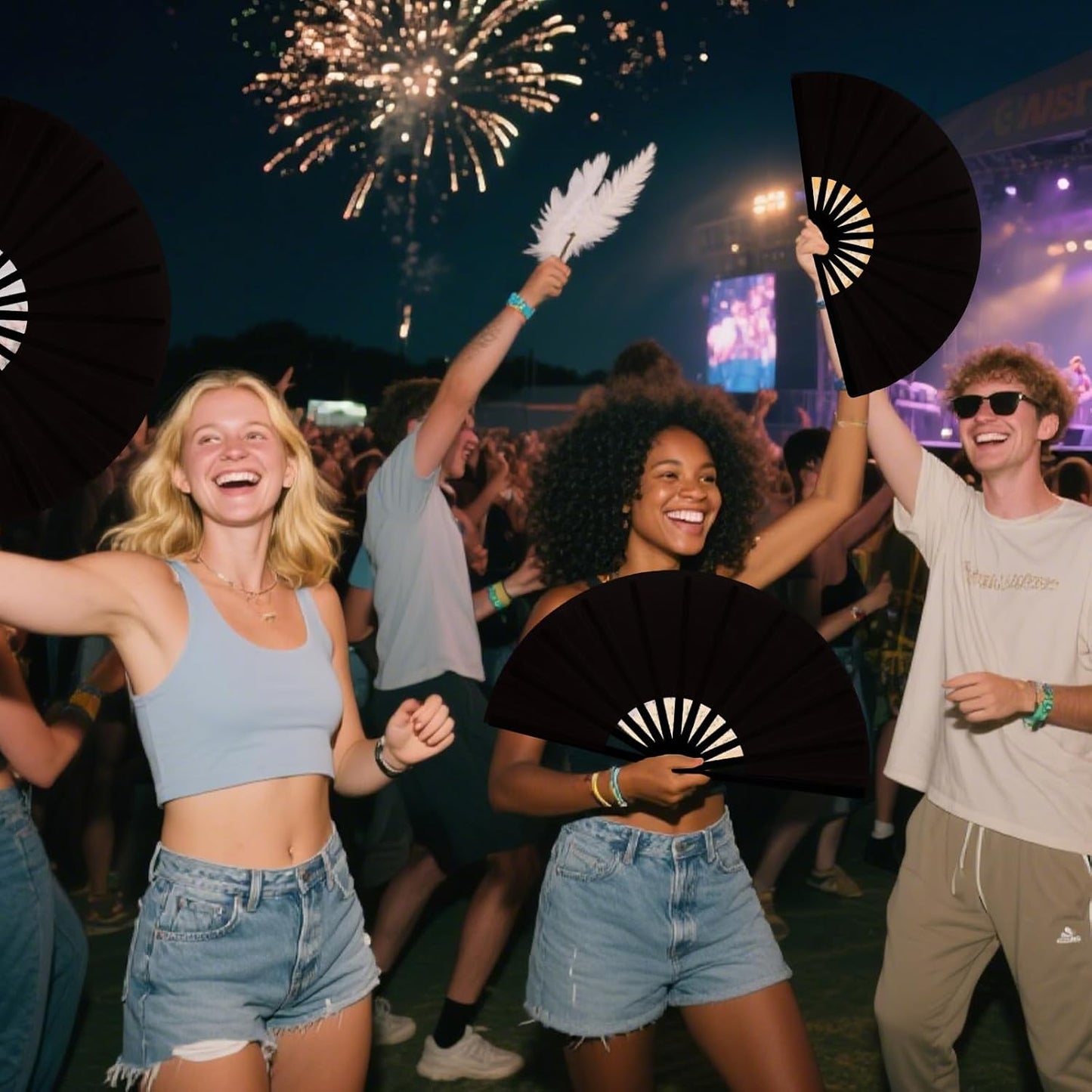 13inch Large Rave Fan Popping Clacking Fans for Line Dancing,Hand Fans for Women Foldable,Boots on The Ground Fan,Portable for Outdoor,Wedding,Party,Decoration (2pcs Black)