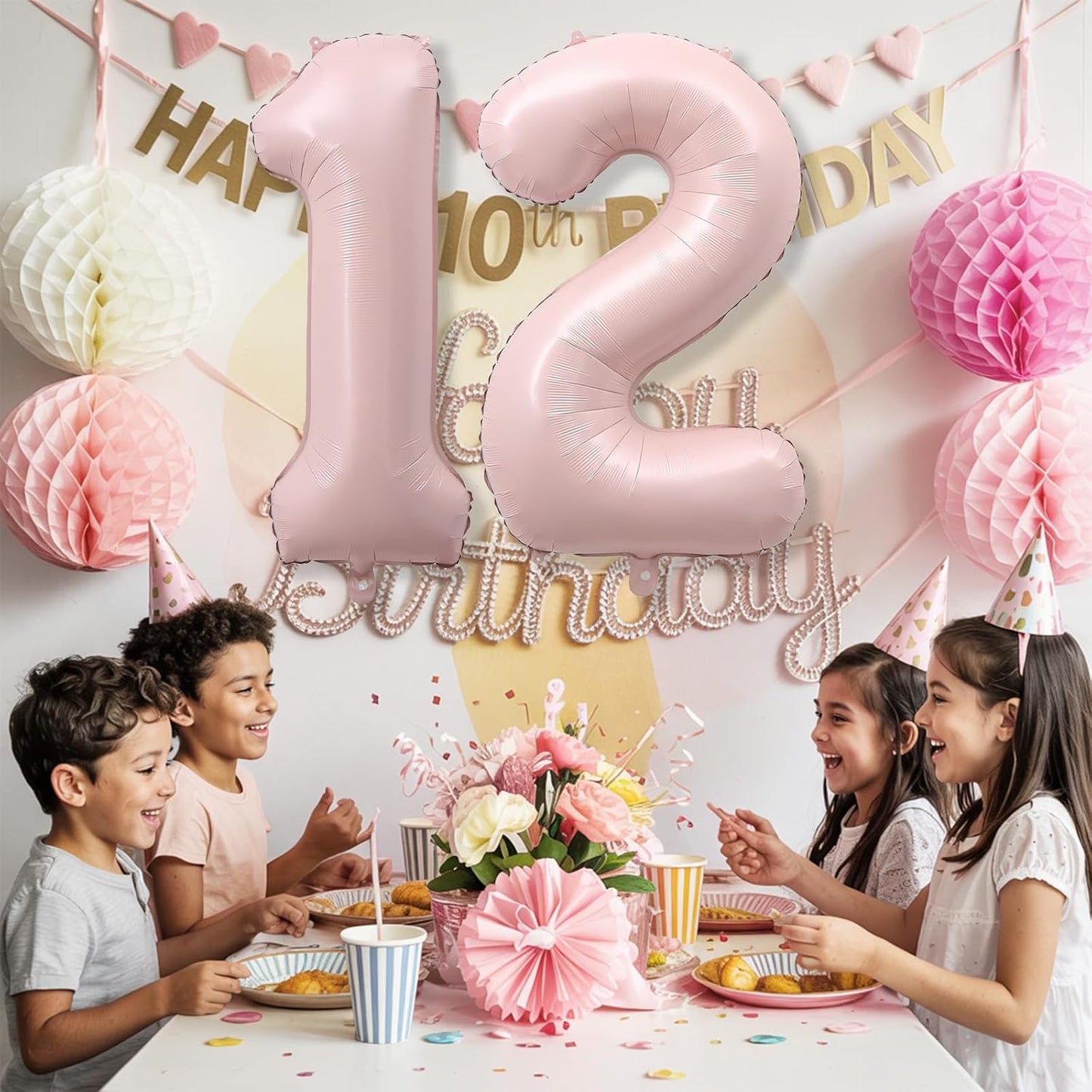 Pastel Pink 12 Balloons Number for Girls, 40'' Self Inflating Number 12 Balloon, Big Light Blush Pink Foil 1 & 2 Helium Balloon for Women Boho Coquette 21st 12th Birthday Party Anniversary Decorations