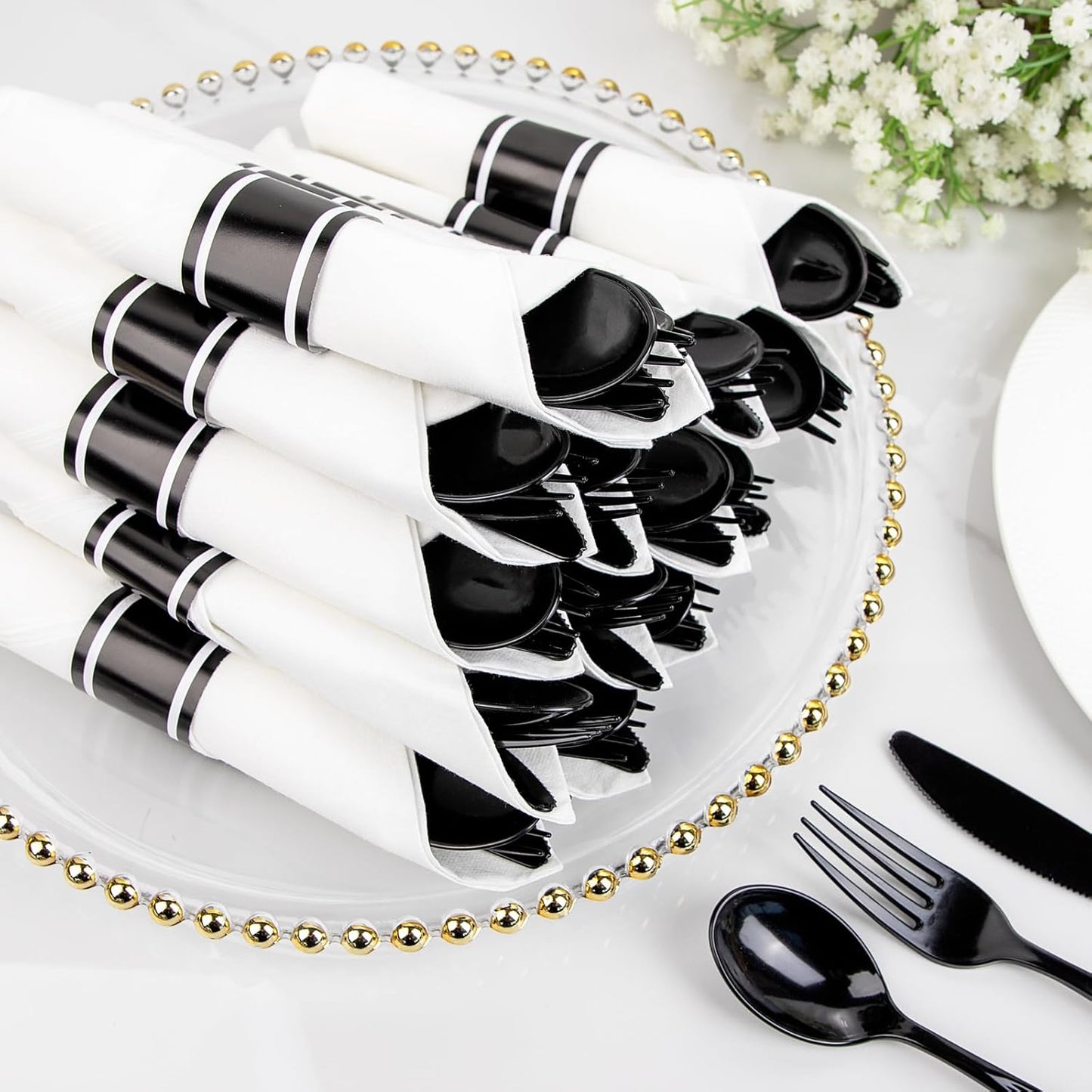 Supernal 60 Pack Hevy Duty Rolled Black Plastic Silverware,Pre Wrapped Cutlery with Napkins, Rolled Plastic Forks and Spoons, Black Disposable Silverware Suit for Party, Birthday