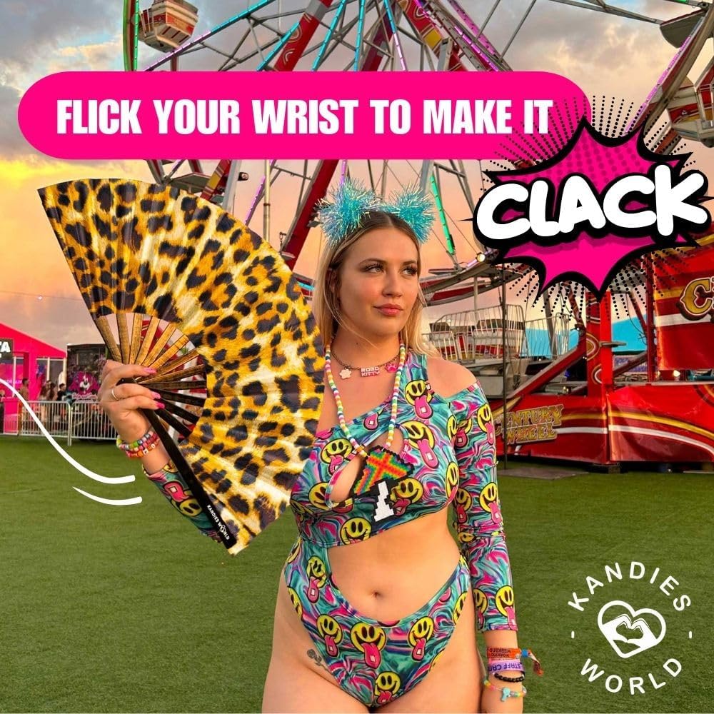 Kandies World UV Reactive Custom Festival Folding Hand Fan - Unique Designs, Made of Bamboo, Clacking Sound, Lightweight - Perfect Rave and Festival Accessory!