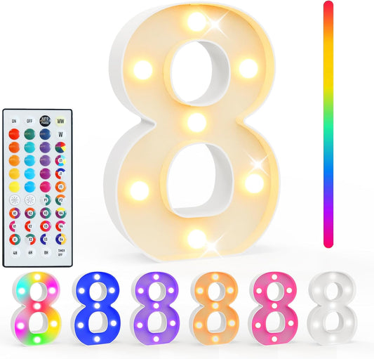 Pooqla Colorful Lighted Numbers with Remote, 35 Colors Light Up Numbers for Party, RGB LED Marquee Number Lights Gift for Girls Boys 8th Birthday Decoration Wedding Bar Night Light Home Decor Number 8
