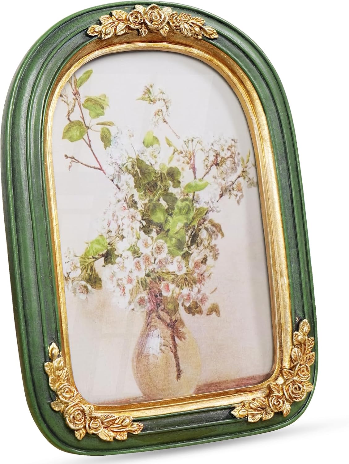 Cuspin Vintage 5x7 Picture Frame, Ornate Gold Green Arch Frames Resin Photo Frame with Glass Front for Tabletop or Wall Display, Antique Decorative Frame for Home Decor or Gift