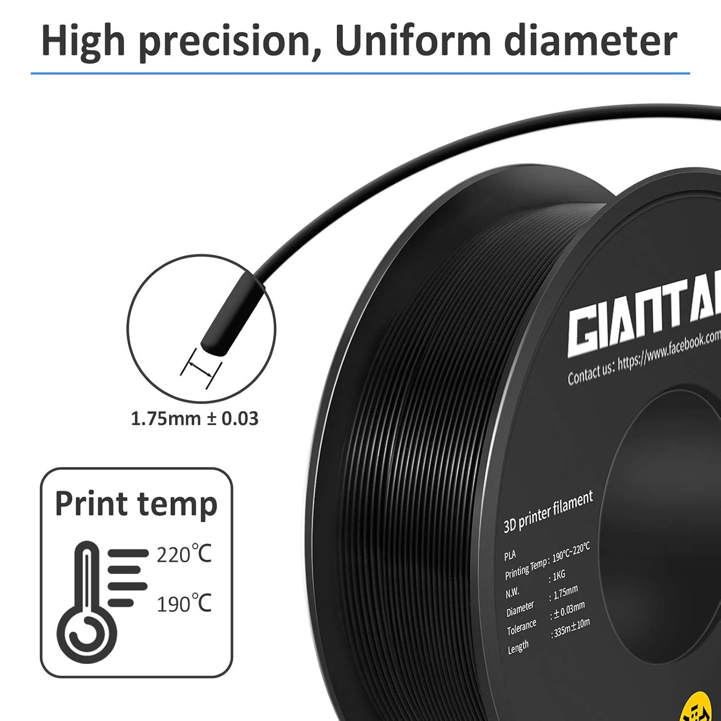 GIANTARM 3D Printer Filament, Black Pla Filament, 1Kg(2.2lbs) Spool, 1.75mm Dimension Accuracy +/- 0.03mm, 3D Printing Filament, Dark Black