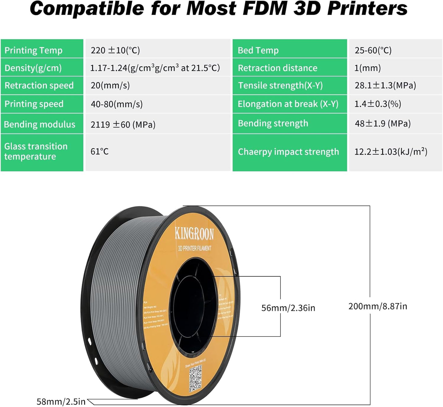 Kingroon PLA Filament 1.75mm 3D Printer Filament Grey Pla Filament 1kg Filament Dimensional Accuracy +/- 0.02mm, Fit Most FDM Printer,Grey-Sliver