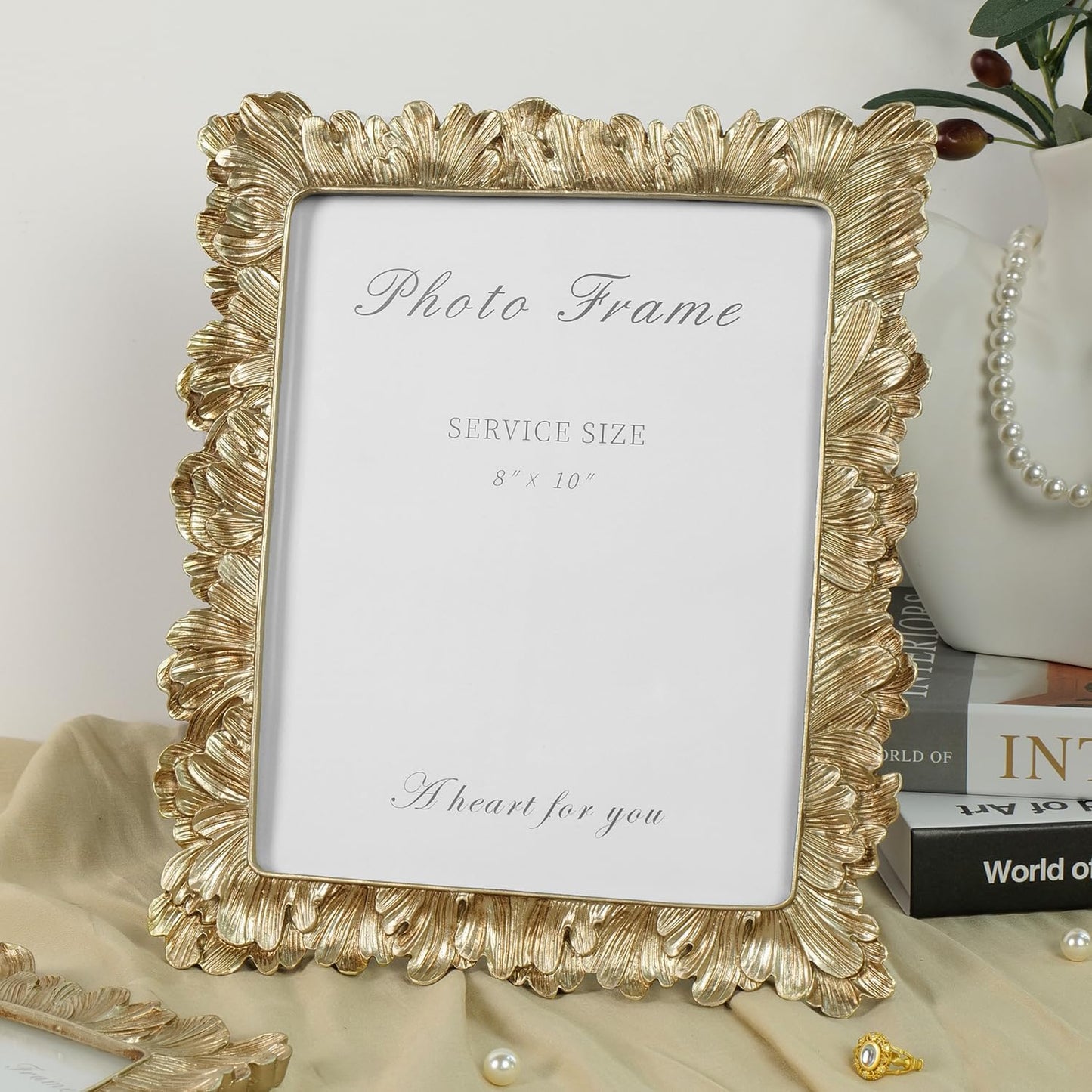 Cuspin 8x10 Picture Frame Vintage Gold Frames, Elegant Photo Frame with Glass Front, Palm Leaves Textured Hand-Crafted Resin Frame for Wall and Tabletop Display Home Decor