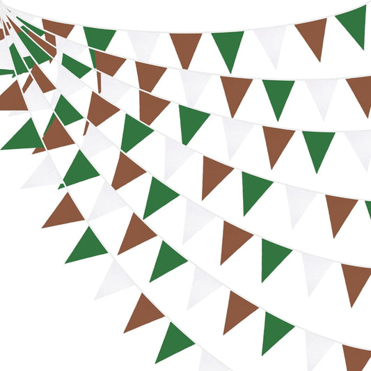 32Ft Green Brown White Party Decorations Brown Green Pennant Banner Fabric Triangle Flag Bunting Garland Streamers for Football Camping Birthday Baby Shower Jungle Safari Rugby Sport Party Decor