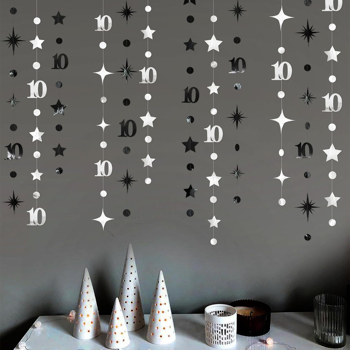 Silver Black 10th Birthday Decorations Number 10 Circle Dot Twinkle Star Garland Metallic Hanging Streamer Backdrop for Girls Boys Double Digits Ten Years Old Birthday 10th Anniversary Party Decor