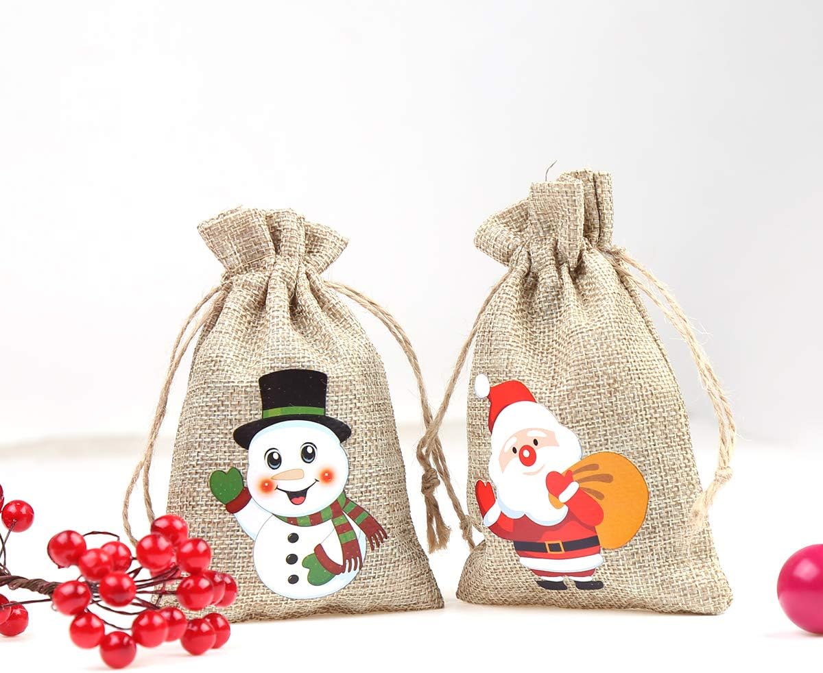 CCINEE 36pc Christmas Linen Bags with Drawstrings Christmas Burlap Goody Gift Bags with Double Jute Drawstrings, 4 designs Snowman, Santa Claus, Penguin and Reindeer