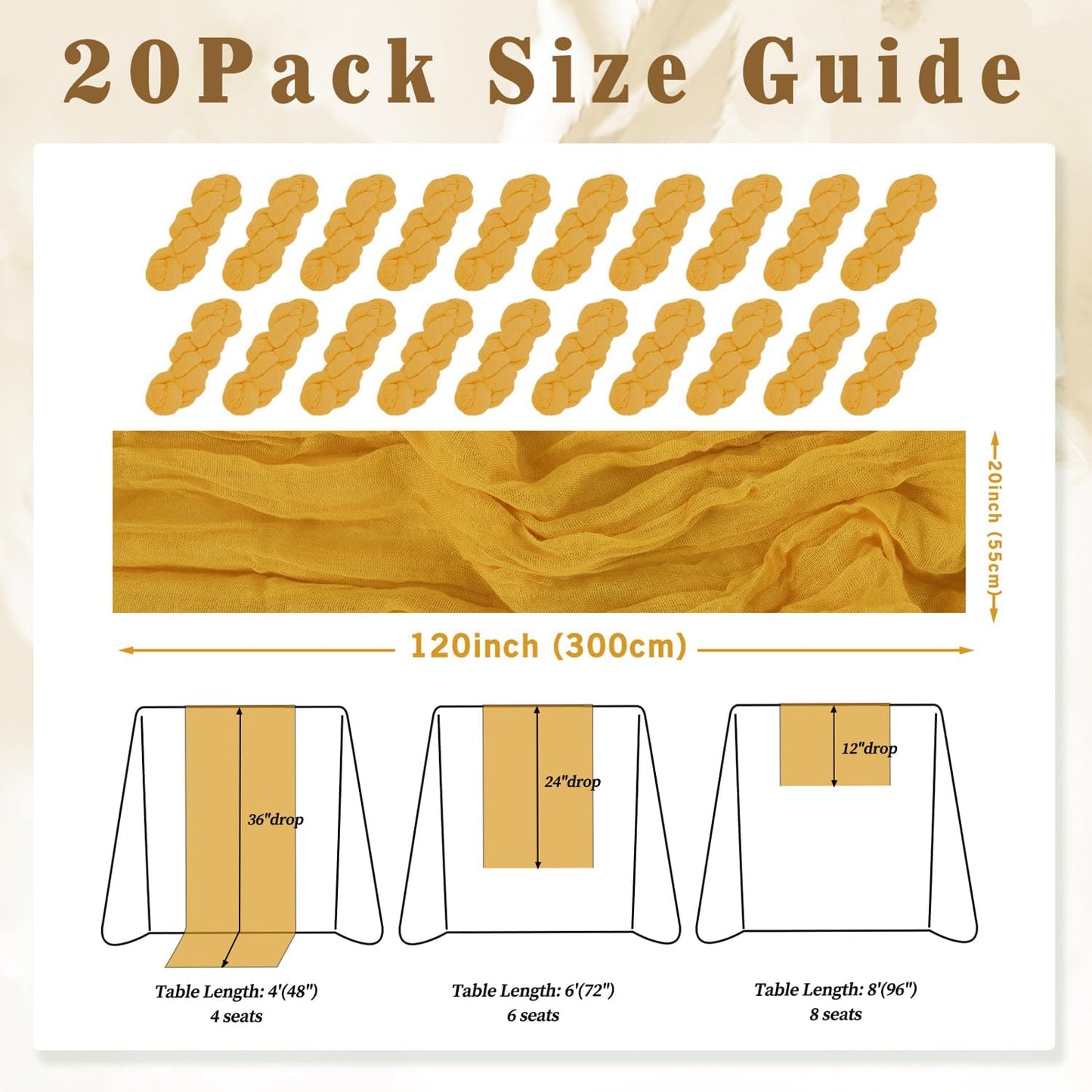 20 Pack Mustard 10FT Cheesecloth Table Runner Rustic Gauze Fabric Cheese Cloth Table Runner for Wedding Bridal Baby Shower Table Decor Boho Sheer Birthday Party Table Decorations 20 x 120 Inch Long