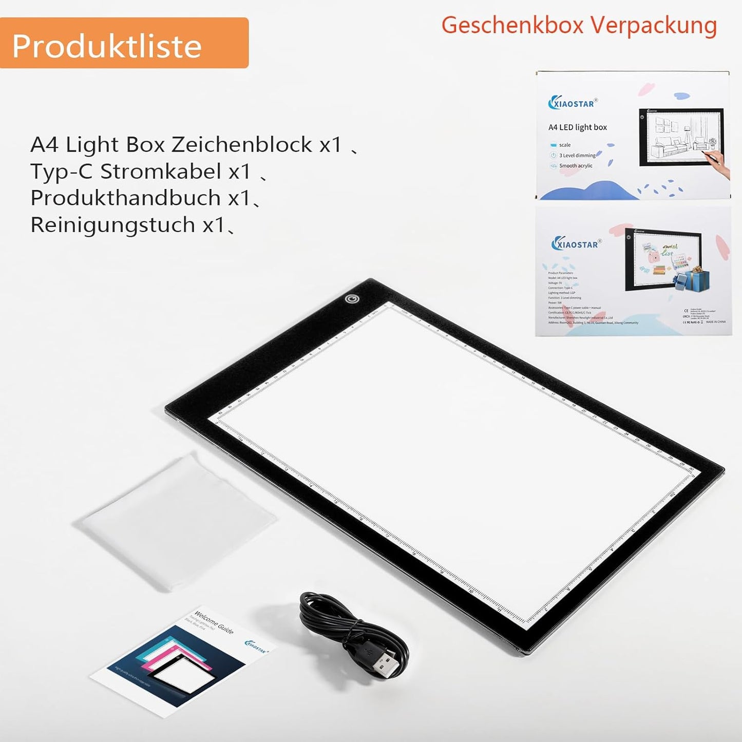 Light Box Drawing Pad, Tracing Board with Type-C Charge Cable and Brightness Adjustable for Artists, AnimationDrawing, Sketching, Animation, X-ray Viewing (DE-A4-P-black)