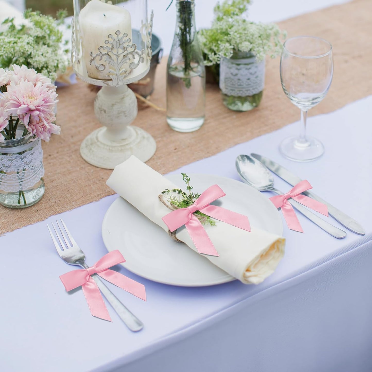 50Pcs Mix 5 Colors Twist Tie Bows for Gift Wrapping 2.5" Satin Ribbon Bow for Treat Bags Cake Balloons Birthday Party Favors Wedding Decorations - Light