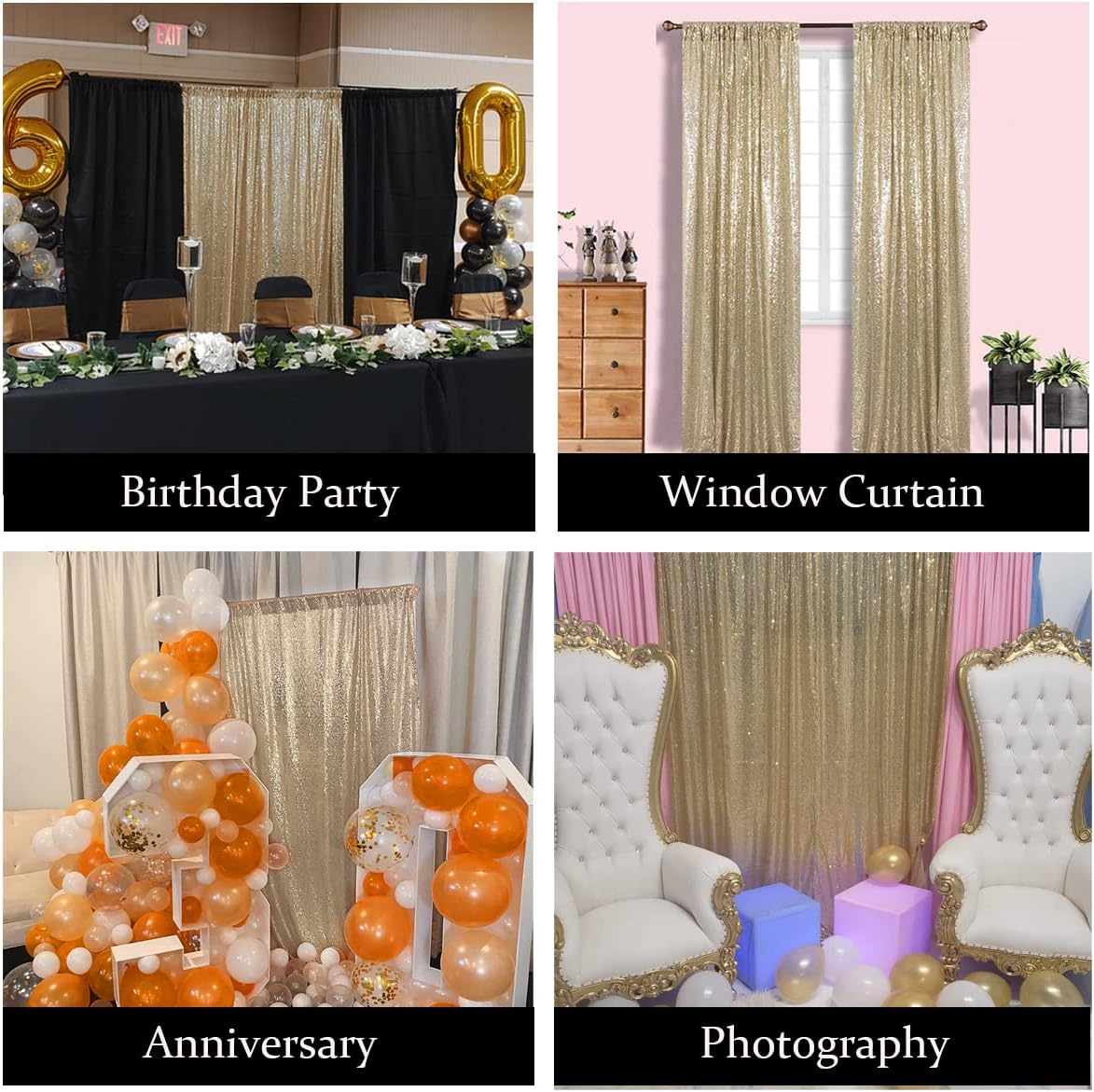 Champagne Sequin Backdrop 4 Panels 2FTx8FT for Wedding Photo Backdrop Birthday Bridal Party