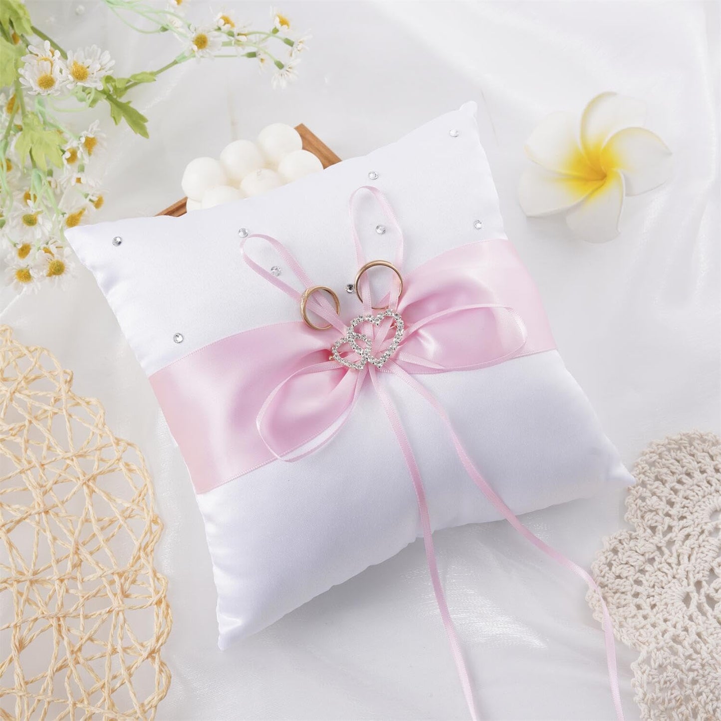 QIRMIZI Ring Pillow,Pearls Ring Cushion, Ring Bearer, Ring Holder for Beach Wedding, Wedding Ceremony, Proposal,Pink