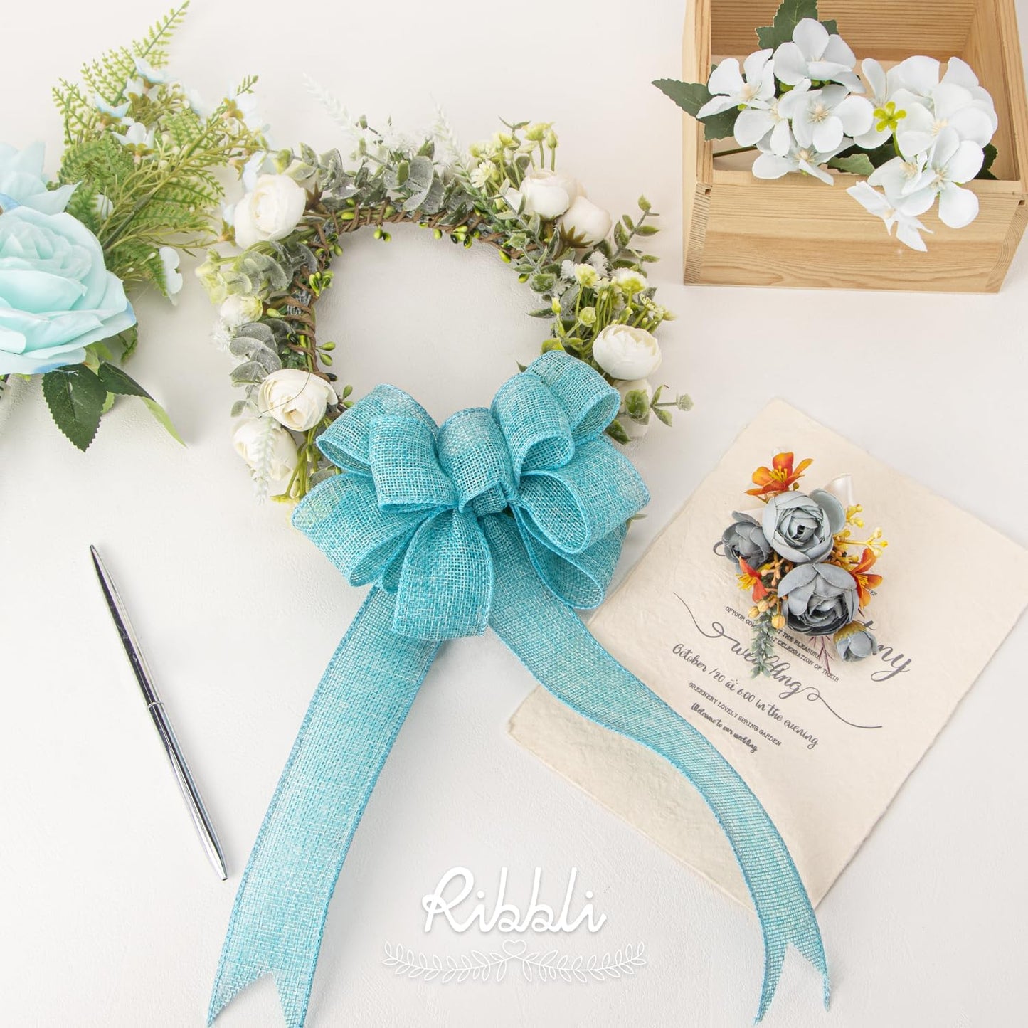 Ribbli Light Blue/Ocean Blue Burlap Wired Ribbon,1-1/2” Inch x Continuous 10 Yard, Wired Edge Ribbon for Big Bow,Wreath,Tree Decoration,Outdoor Decoration