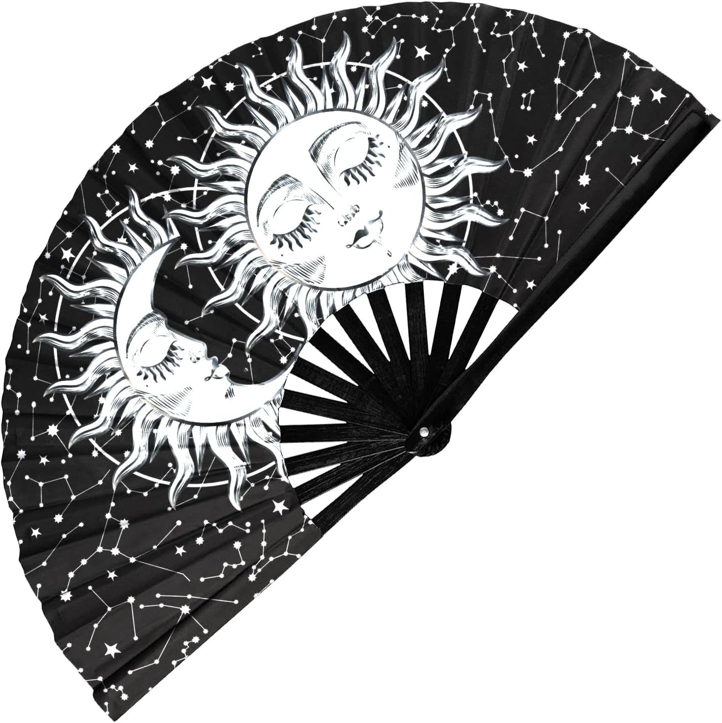 GloFX Rave Sun & Moon - Large Folding Fan - Music Festival Essential, EDM Rave Accessories, Folding Hand Fan, Clack Fan